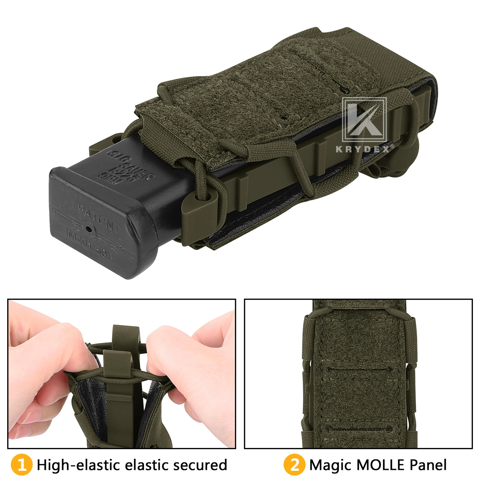 KRYDEX-bolsa táctica para revistas de 9mm, soporte para linterna MOLLE Mag con corte láser superior abierto para pistola, mordazas de pila simple y doble. - imagen 3