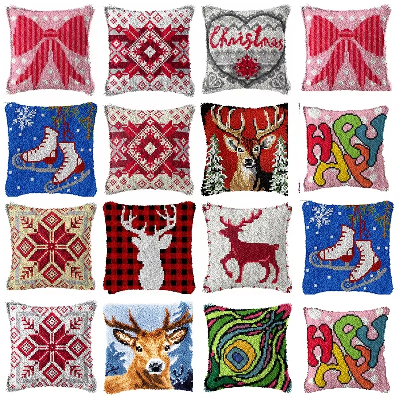 Serie Simple de Navidad, juego de bordado de alfombra con gancho de pestillo DIY, funda de almohada de punto de cruz de alce de Papá Noel, paquete de almohada con nudo
