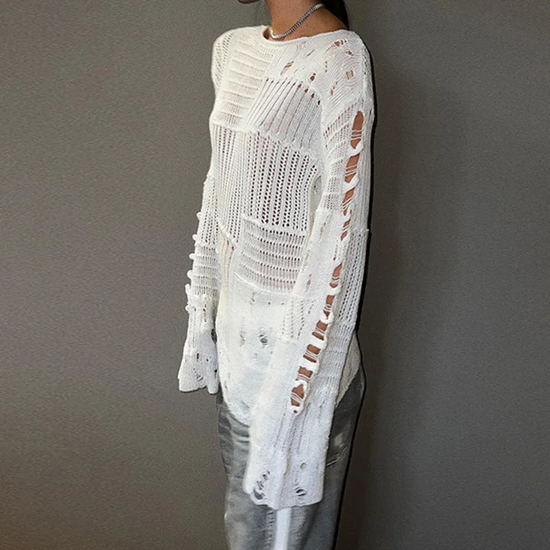 Camiseta Vintage con agujeros rasgados para mujer, Jersey holgado informal, Jersey fino de manga larga, Camiseta calada - imagen 2