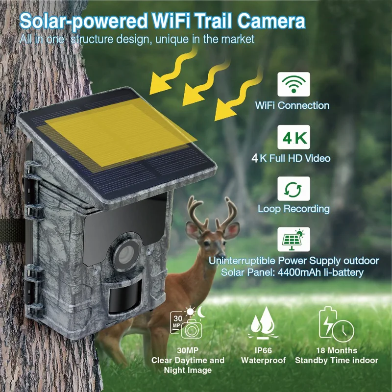 Cámara de caza alimentada por Panel Solar, videocámara de rastreo 4K con WiFi, visión nocturna, impermeable IP66, para juego de vida silvestre, Foto Chasse - imagen 3