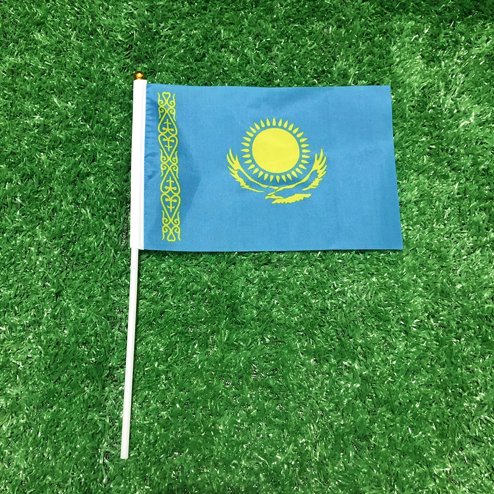 SKY FLAG Bandera de mano de Kazajstán 14x21cm 100 Uds poliéster penetración de doble cara Kazajstán KAG bandera ondulada a mano con poste de plástico - imagen 3