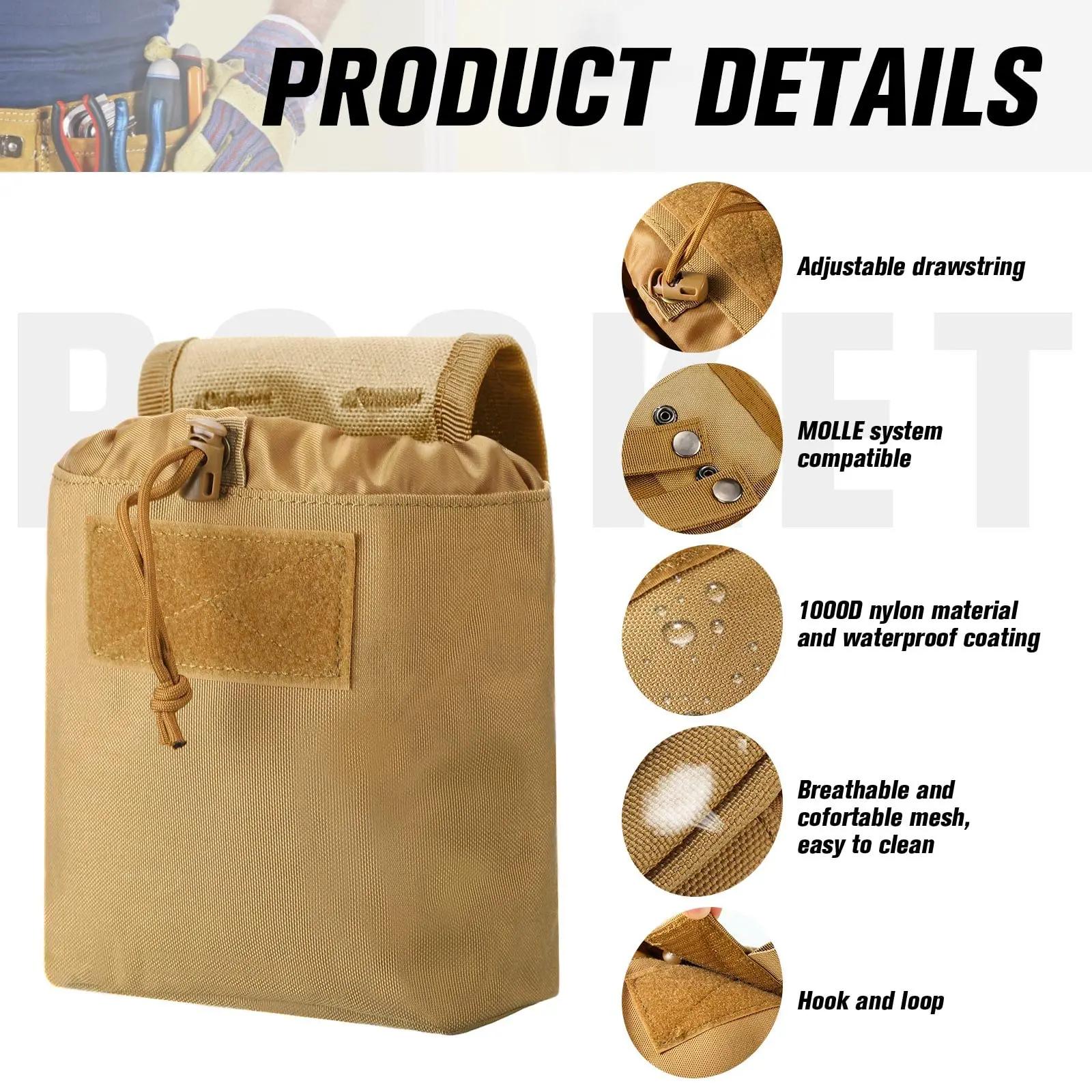 Bolsa táctica Molle con cordón plegable, cinturón ajustable, bolsa de cintura, bolsa de munición enrollable - imagen 3