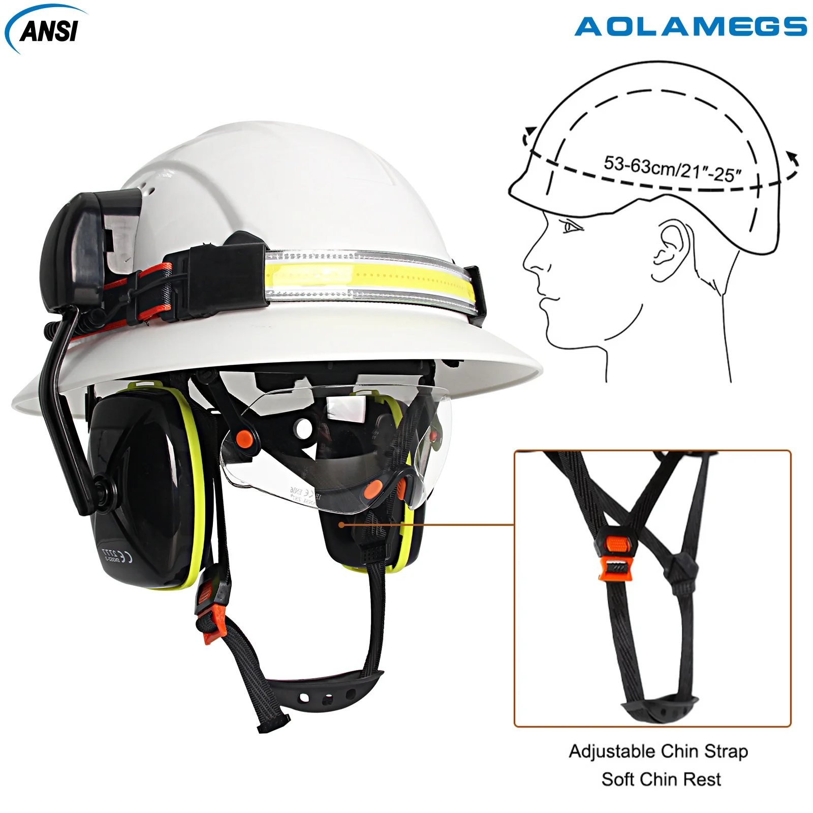 Gorro de seguridad de ala completa CE con lámpara para la cabeza, gafas, orejeras, casco duro de construcción transpirable, casco de trabajo Industrial ANSI - imagen 4