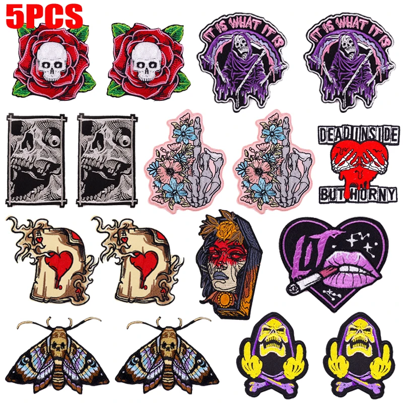 5 unids/lote parche Punk póker rosa/mariposa esqueleto parches bordados para pantalones vaqueros DIY parche de calavera planchar en parches para ropa - imagen 2