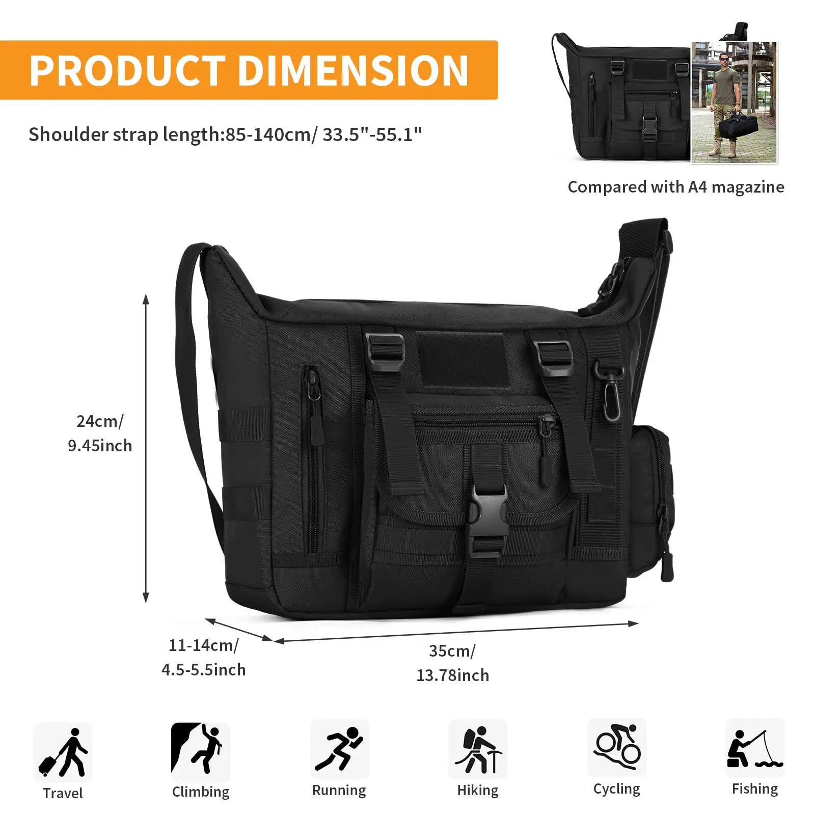 Bolso de hombro táctico, bandolera militar, bolso bandolera, bolso de hombro repelente al agua, bolso de mensajero, maletín con Shou ajustable - imagen 3