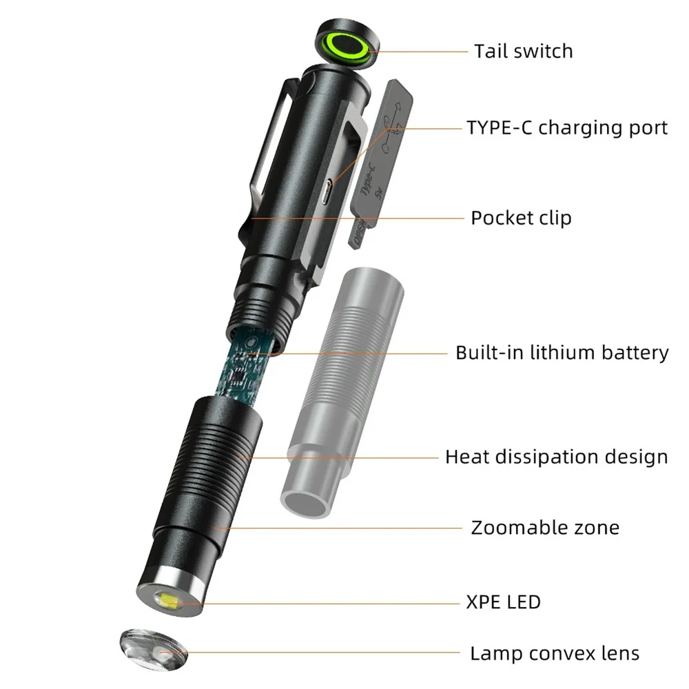 Mini lámpara de bolsillo con Zoom, linterna Led, linterna USB recargable, luz blanca, Camping, caminata, trabajo, iluminación de emergencia, antorcha de control - imagen 5