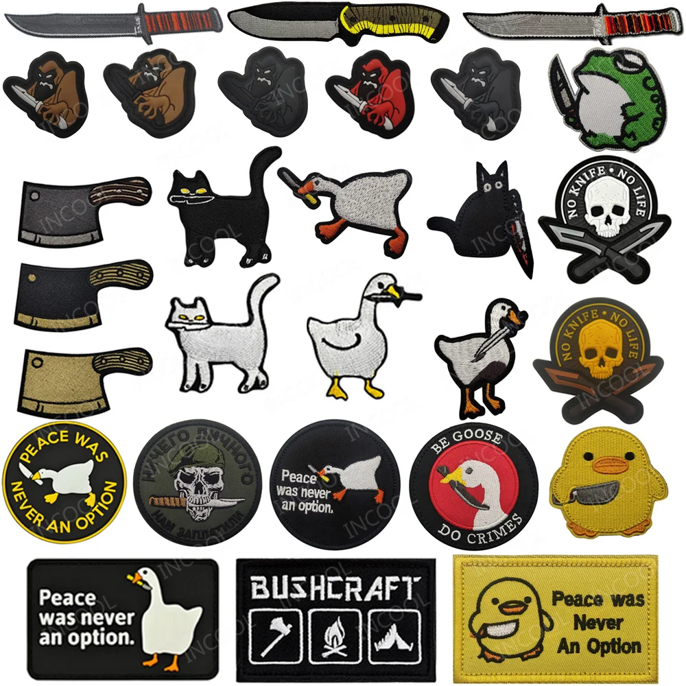 Parches de cuchillos bordados divertidos, animales Meme, gato, pato, perro, Ganso, Rana, Calavera, Parche de goma de PVC para gorra de ropa