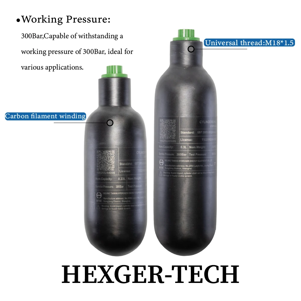 220cc/360cc/500cc 0.3L,0.42L,0.6LHPA tanque de gas de alta presión de fibra de carbono, cilindro de gas de respiración de buceo 4500Psi, 300Bar, M18 * 1,5 - imagen 4
