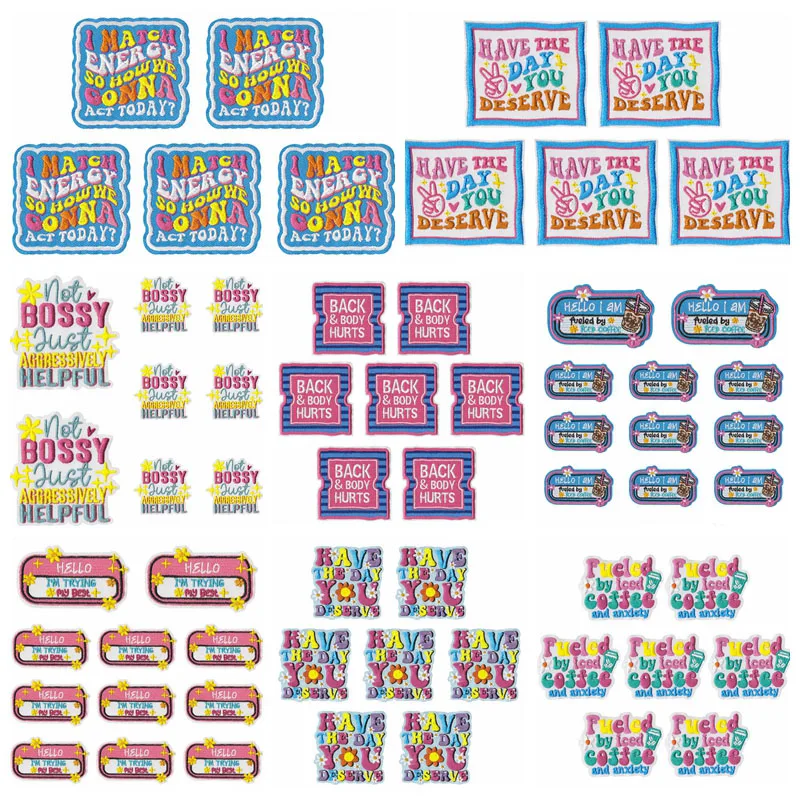 10 unids/lote, venta al por mayor, frase colorida/texto, parche bordado con apliques, parches para planchar para ropa, parches termoadhesivos para ropa - imagen 2