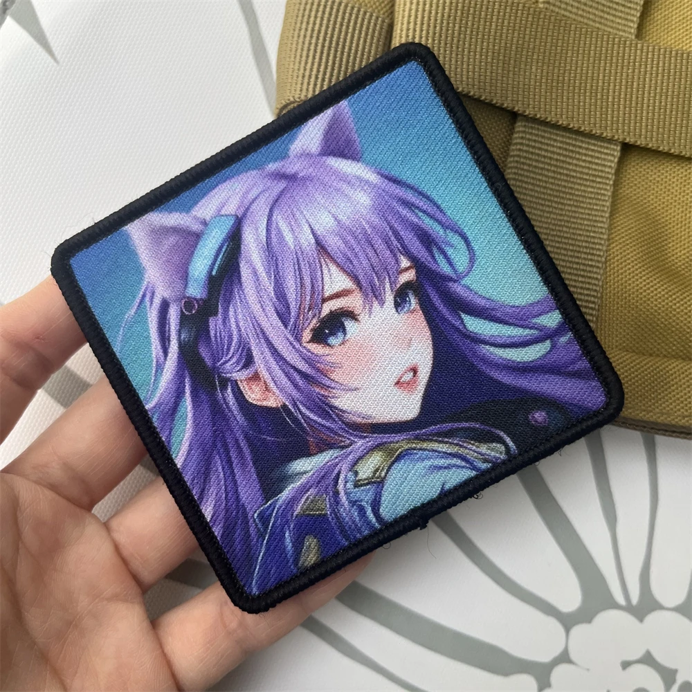 Parches tácticos de moral de niña con orejas de zorro de pelo morado para ropa, parche de gancho y bucle impreso, pegatina para mochila militar