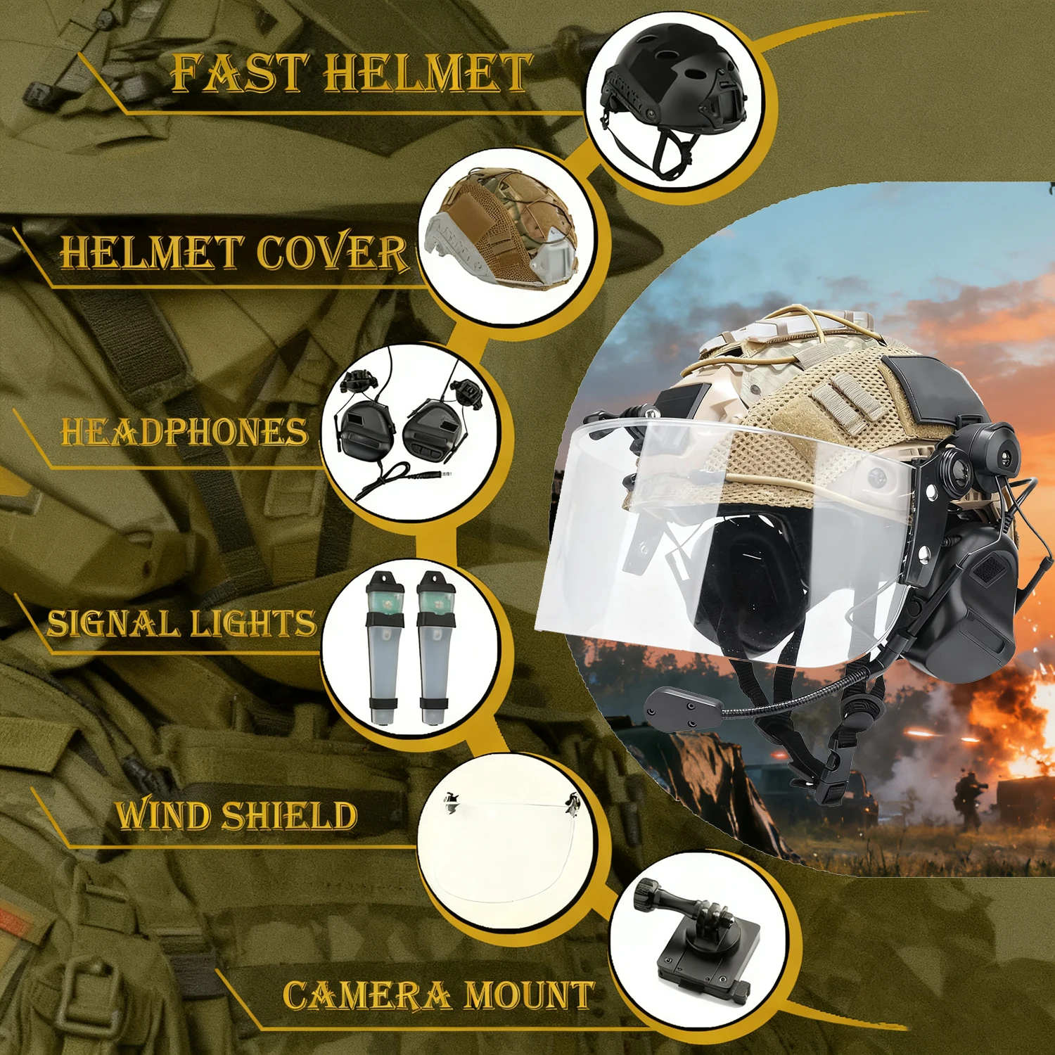 Juego de casco táctico 6 en 1 Airsoft rápido con auriculares, luz de señal, visera de protección facial, Kit de casco de Paintball para caza al aire libre