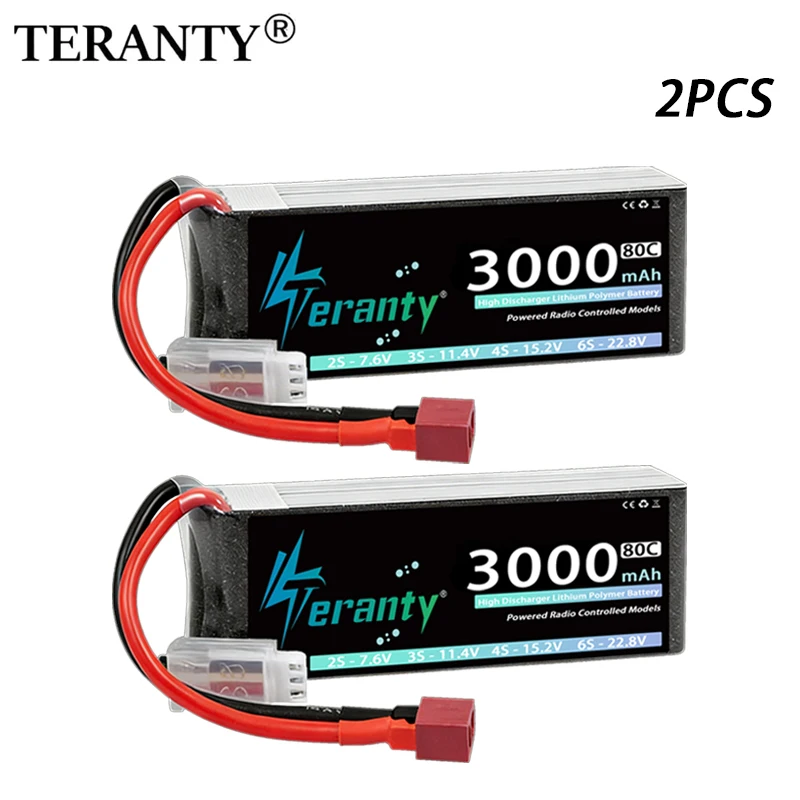 2 uds TERANTY 2S Lipo batería 7,4 V 7,6 3000mAh 60C 80C con enchufe T XT60 para Dron FPV RC camiones barco helicóptero avión