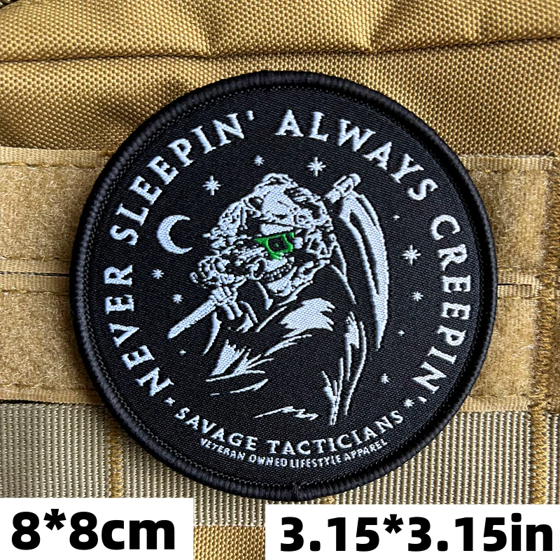 Parches tácticos Reaper, gancho y bucle bordados, nunca duerma siempre, insignia de moral espeluznante, brazalete militar, pegatina para mochila - imagen 2