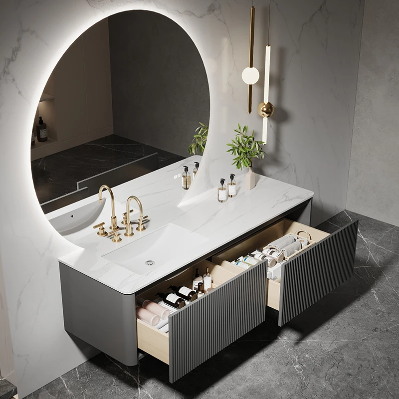 Armario de baño minimalista italiano, combinación de losa de piedra, lavabo integrado sin costuras, lavabo - imagen 4