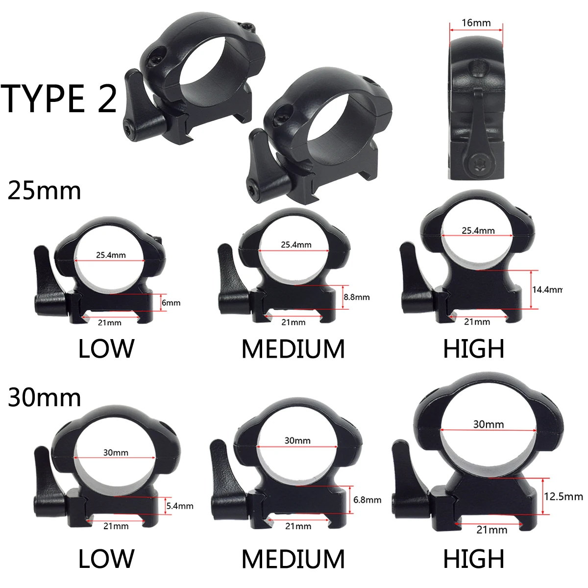 Soporte de anillo de alcance de caza, tubo óptico de riel Picatinny de 20mm, diámetro de 25,4mm, 30mm, adaptador de montaje de linterna láser, 2 piezas - imagen 4