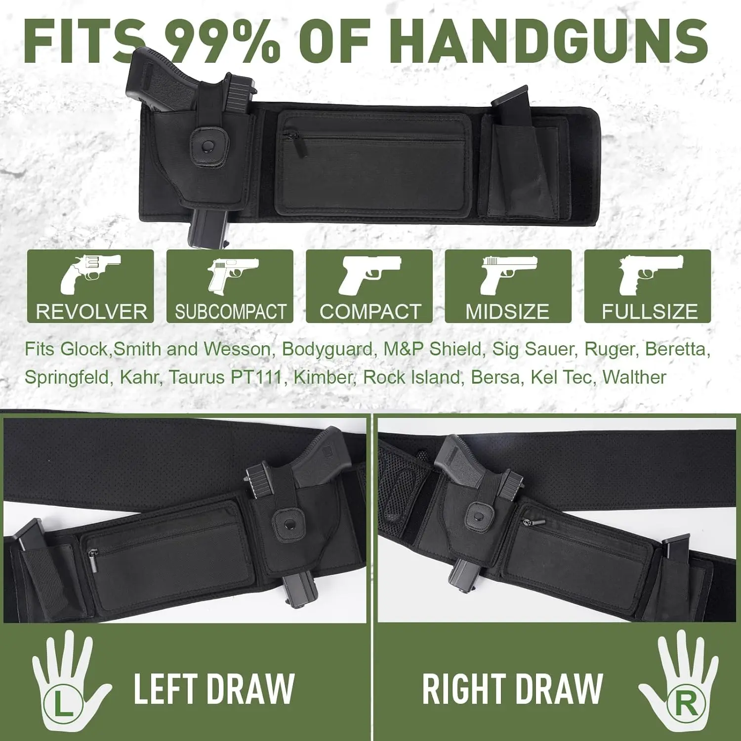 Funda táctica con banda para el vientre de 44/53 pulgadas, soporte para pistola de mano izquierda/derecha, cinturón de transporte oculto, funda Universal para pistola Glock 43x17 19 - imagen 5