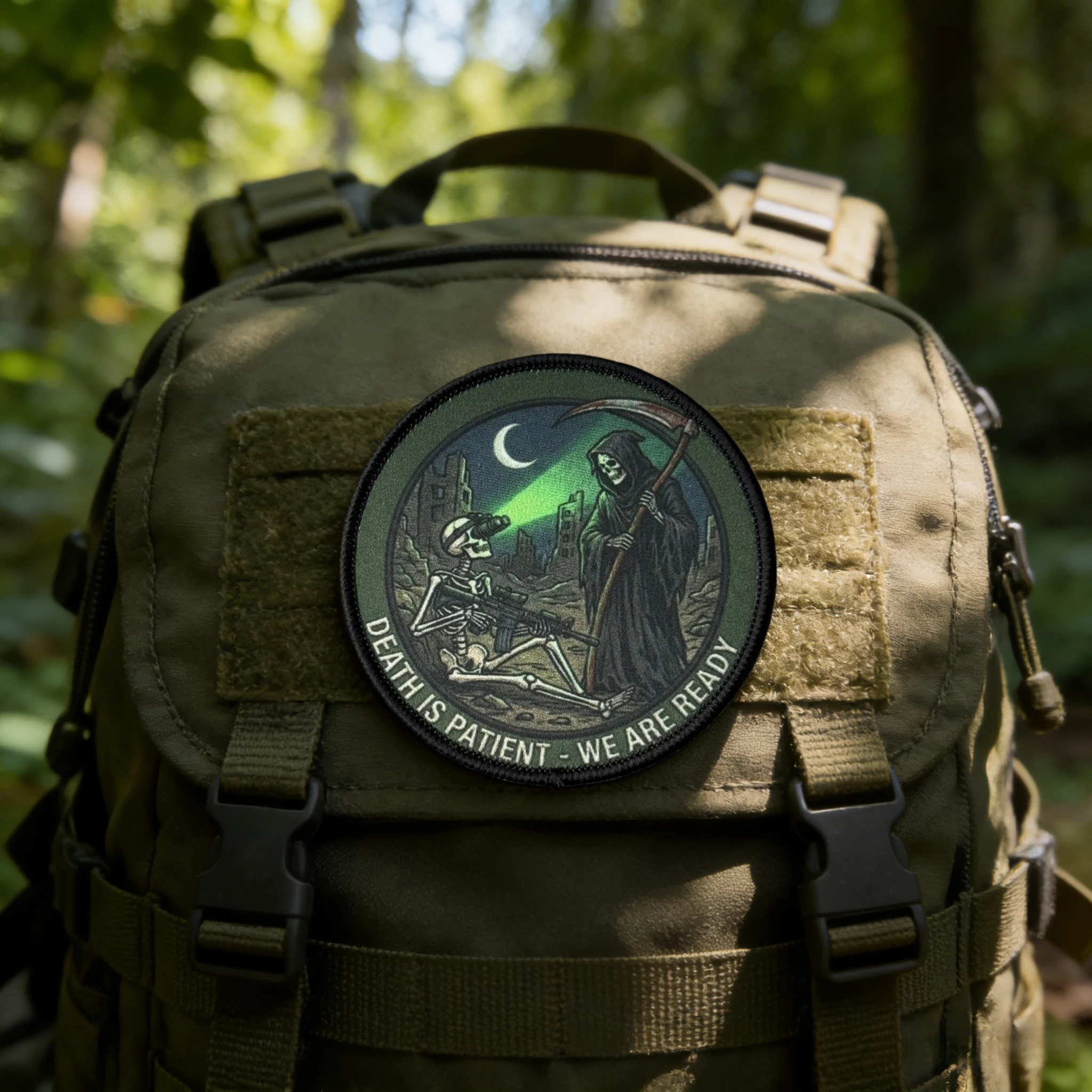 Parche táctico de moral de soldados de la muerte y el esqueleto "Death Is Patient We Are Ready", brazalete con gancho y bucle impreso, pegatina para mochila