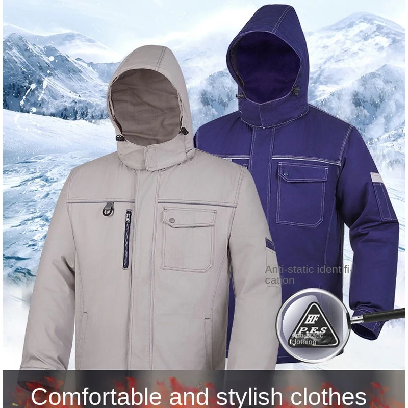 Nuevo 2025 invierno al aire libre reflectante ropa de trabajo segura algodón puro grueso hombres mujeres cálido longitud media Chaqueta de algodón con capucha - imagen 4