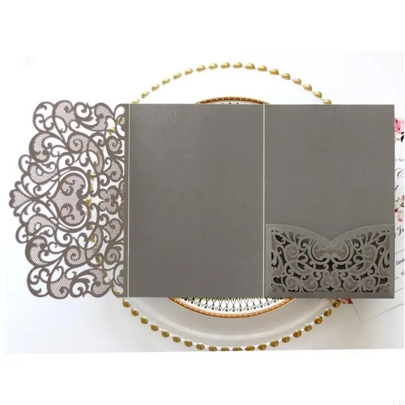 50Pcs Folding Wedding Invitations Hollowed Out Lace Paper Invitation for Wedding Engagement Festival Celebration K1KF - imagen 5