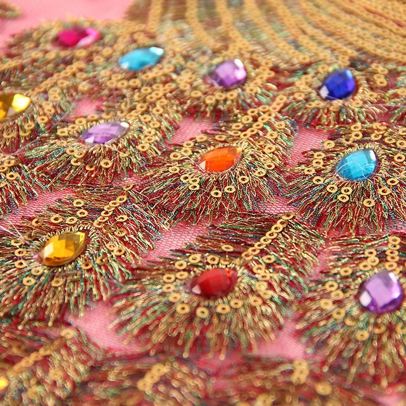 Apliques de diamantes de imitación con cuentas de lentejuelas de flor de pavo real, telas bordadas de encaje, parches de costura para vestido de noche, vestido de fiesta, 40x30CM - imagen 5