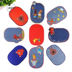 Tela vaquera con bordado de dibujos animados, parche ovalado para planchar en el sombrero y codo, pegatina para ropa de niños, diseño de moda, reparación de agujeros en la rodilla, bricolaje