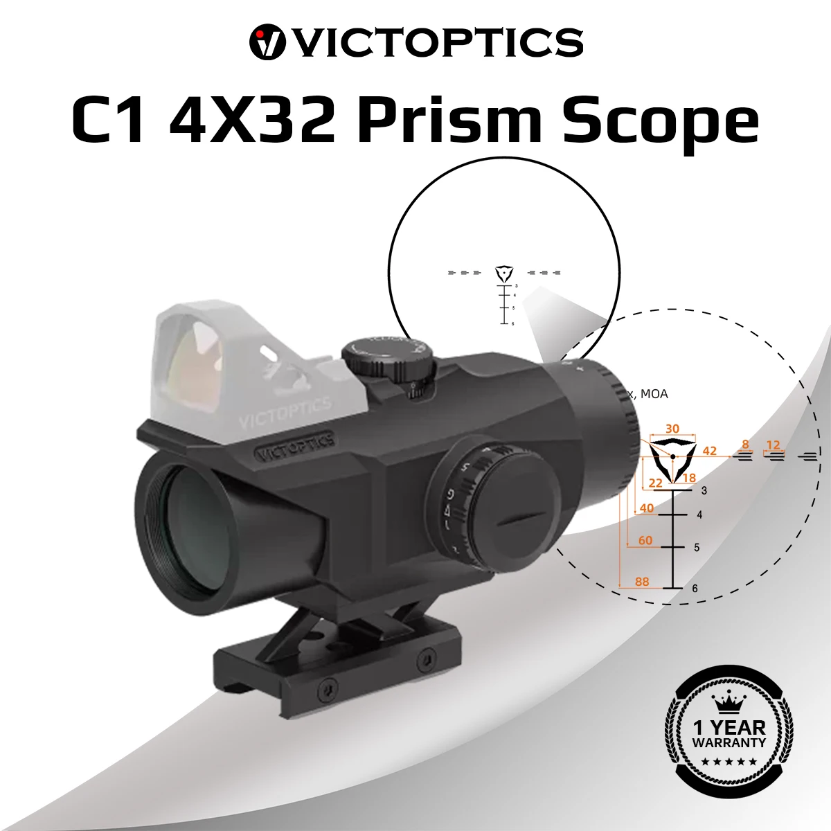 VictOptics C1 4x32 mira prismática, iluminación 5 R & G, montaje superior para red dot con huella DOC./R.M.R/R.M.S. c, para airsoft, PCC y AR
