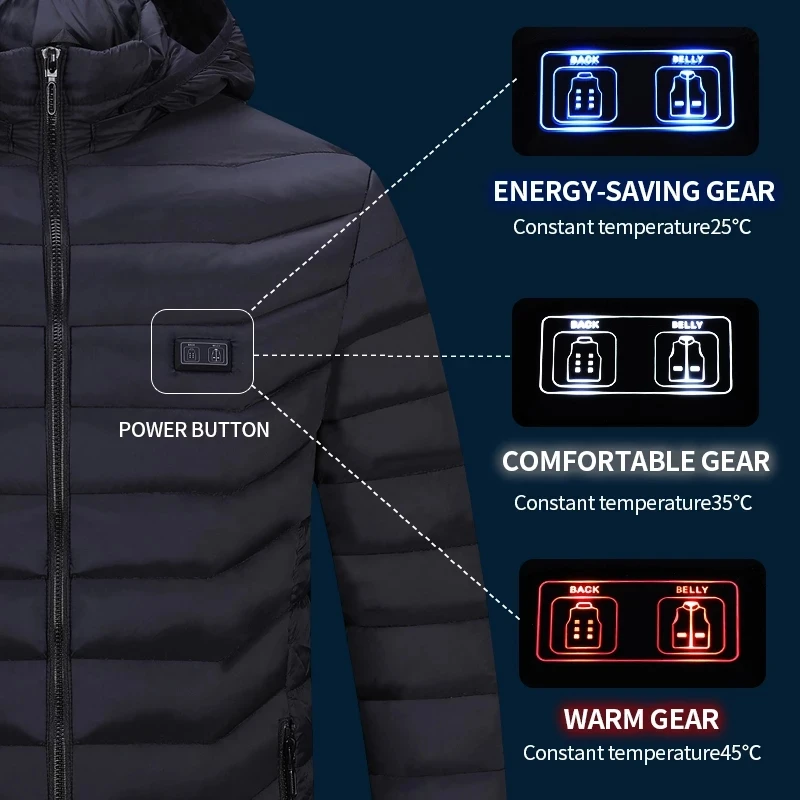 Abrigo calentado de 2-21 zonas para hombres y mujeres, chaquetas calefactoras de algodón eléctricas USB, ropa térmica cálida, senderismo, Camping, Parkas de invierno y otoño - imagen 5