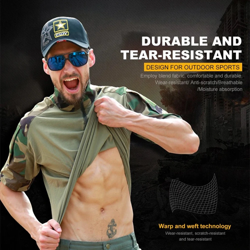 Un hombre con un torso sin camisa y un sombrero de camuflaje es anunciar tela duradera y resistente a la lágrima