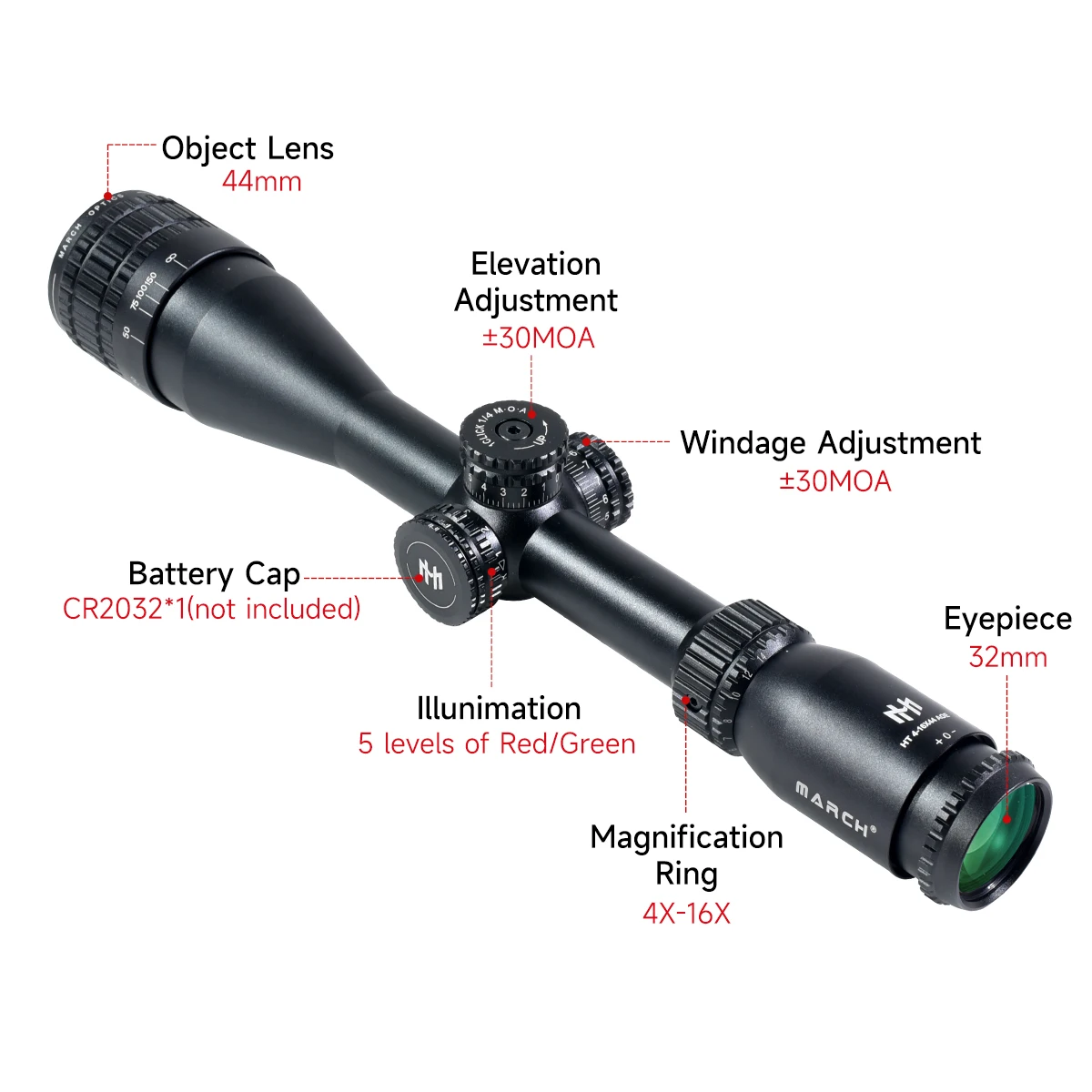 MARCH HT 4-16X44AOE mira táctica retícula RGB iluminado reflejo Airsoft mira óptica telescopios de caza 11mm/20mm montaje en riel - imagen 4