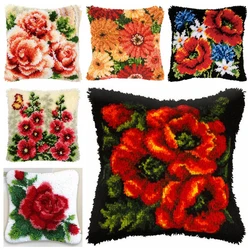 Kit de gancho de pestillo 3D de punto de cruz de lana gruesa de hierba de almohada de bordado de segmento de flores brillantes, alfombra DIY