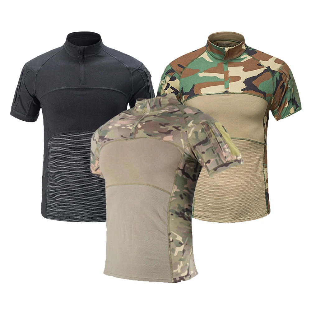 Camiseta táctica de camuflaje de manga corta para hombre, camisas de Camuflaje negro para senderismo y caza, ropa de combate para Paintball Airsoft - imagen 2
