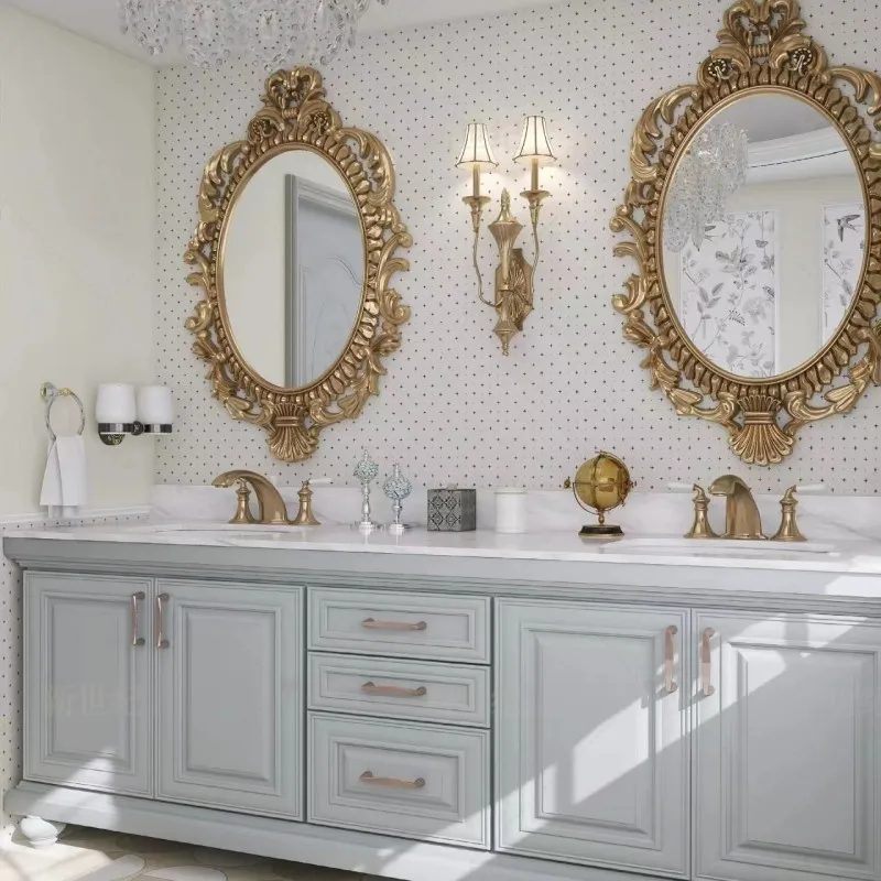 Combinación de gabinete de baño de panel de roca de estilo americano y francés personalizado, lavabo integrado de cerámica sin costuras de madera maciza, - imagen 2