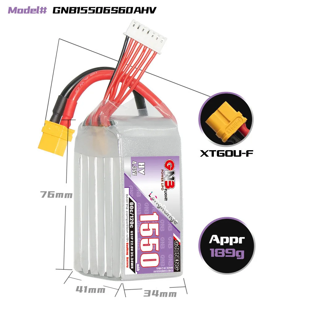 GNB-batería Lipo 6S 22,8 V 1550mAh 60C/120C para RC FPV Drone Quadcopter, piezas de modelo de helicóptero, batería recargable de 22,8 V - imagen 4