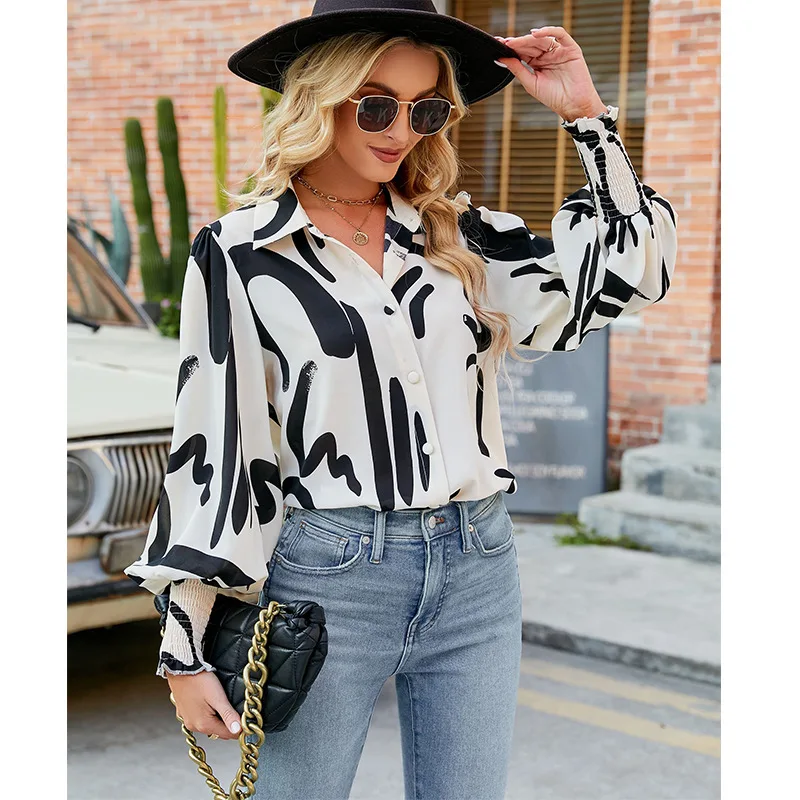 Camisa estampada para mujer, Blusa de manga acampanada con botonadura única, informal, holgada, con solapa, para oficina, primavera y verano - imagen 3