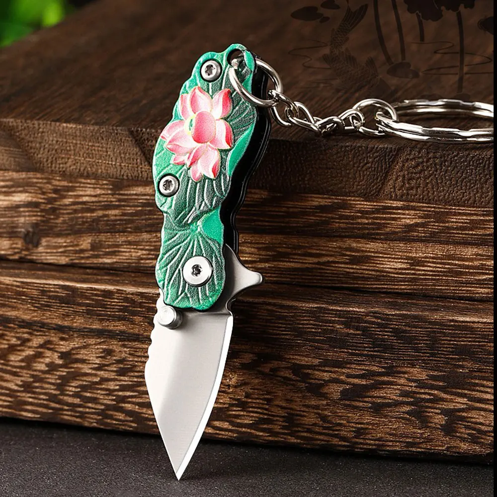 Cuchillo plegable para exteriores, mini cuchillo portátil de alta dureza, llave en relieve de loto 3D, cuchillo plegable de defensa multiusos - imagen 3