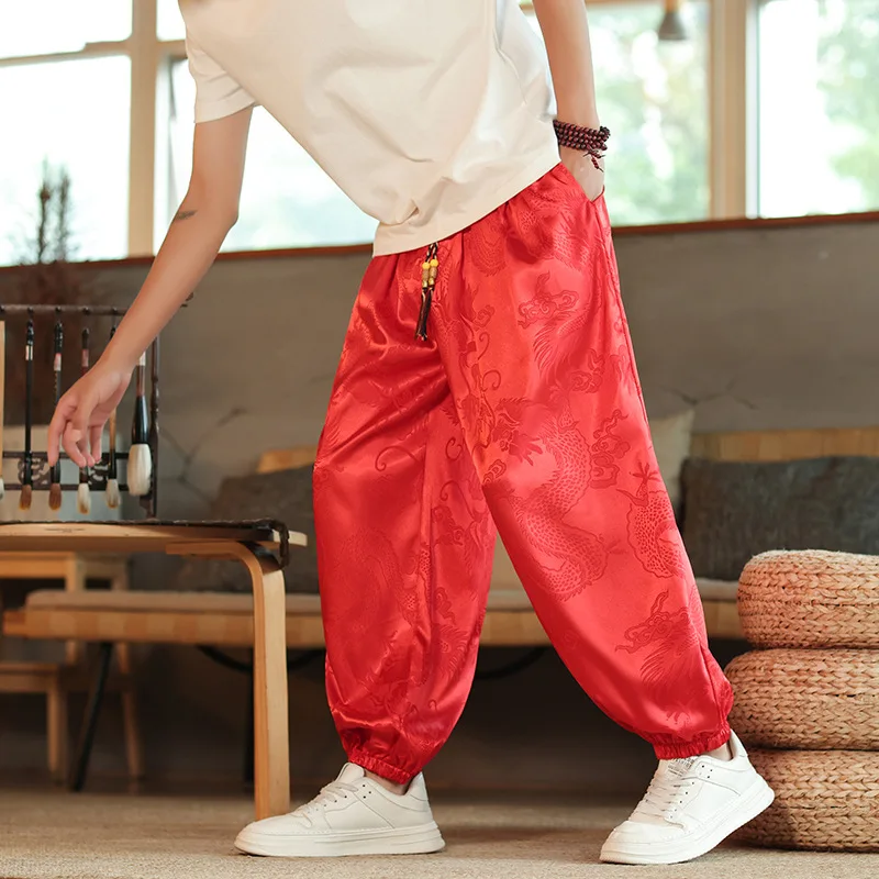 Pantalones de verano para hombre, pantalones informales Harajuku, pantalones de pierna ancha de estilo japonés, ropa de calle fina holgada de seda helada, pantalones de chándal holgados para correr - imagen 2