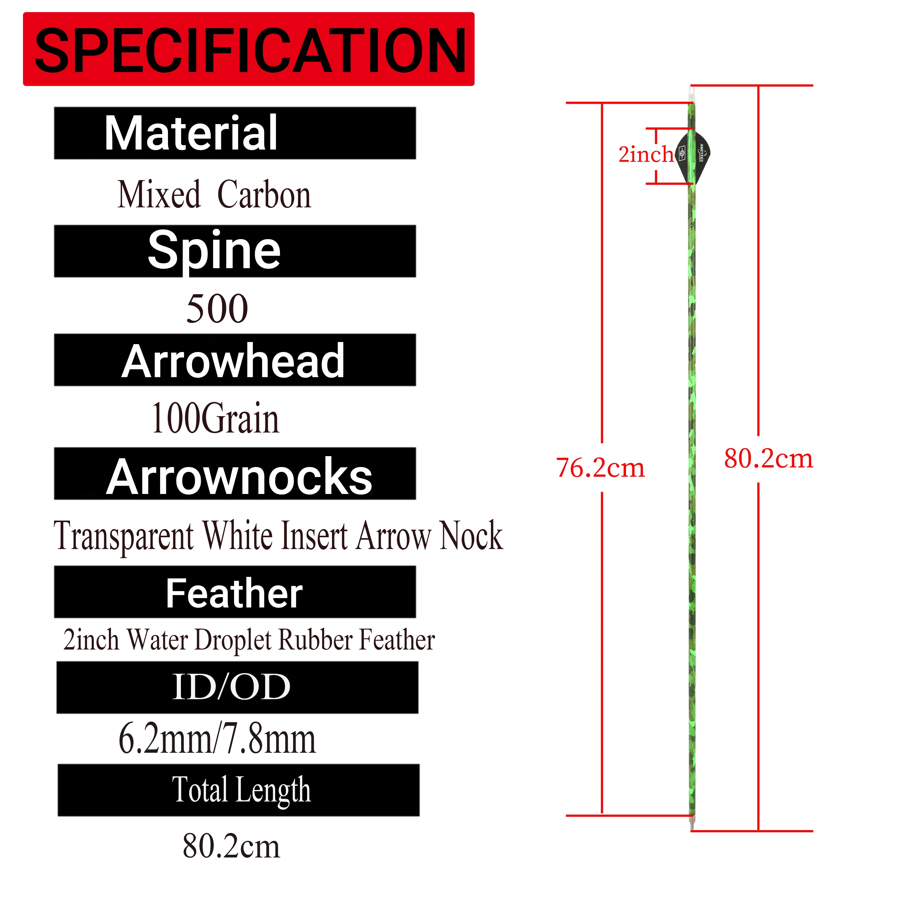 12 Uds flechas de carbono mezcladas 31,5 "flecha de tiro con arco columna vertebral 500 ID 6,2mm eje 2 "pluma de goma arco compuesto recurvo tiro caza - imagen 2