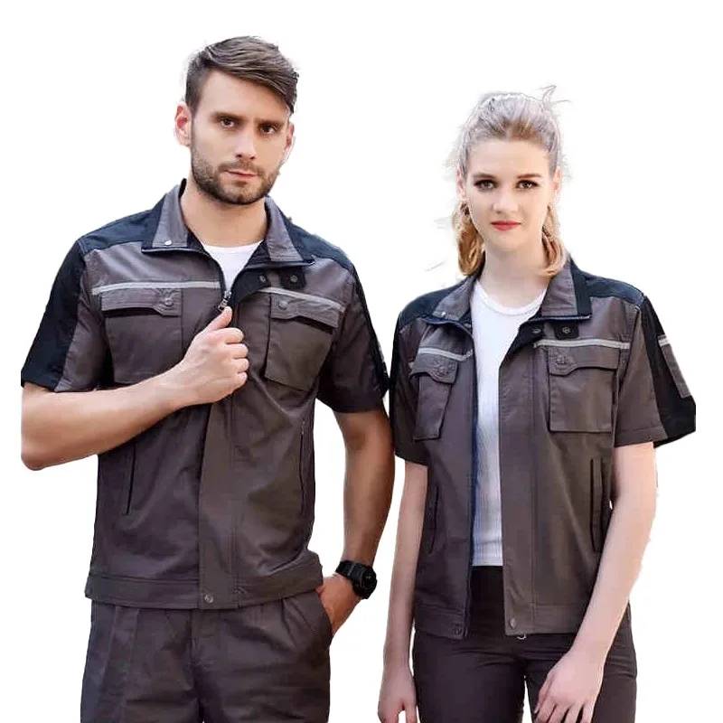 Ropa de trabajo de verano para hombres y mujeres, uniformes de taller de fábrica, conjunto de ropa de trabajo, monos de manga corta, reflectantes de seguridad de Color de contraste - imagen 3