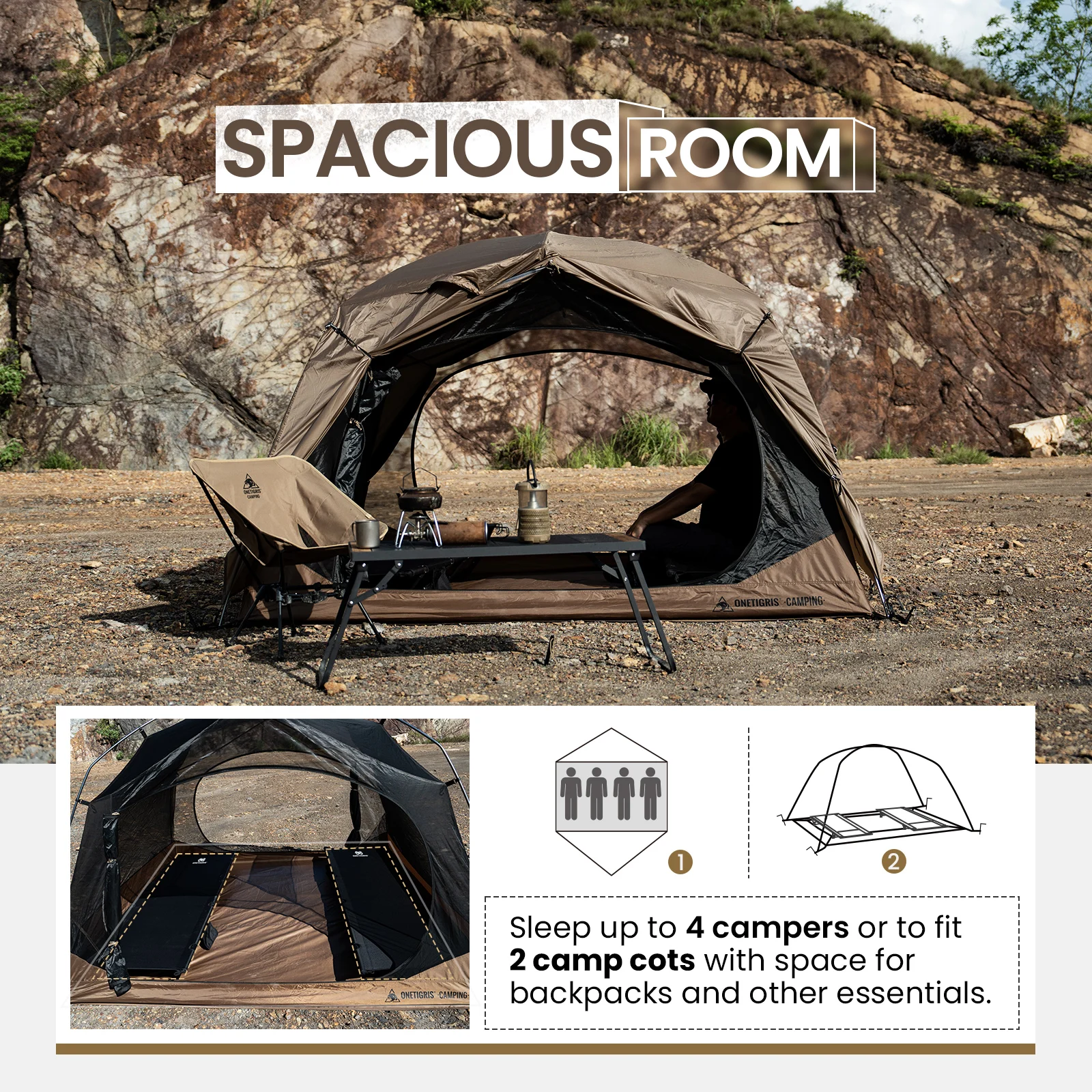 OneTigris JOVIAN tienda de campaña para 3 estaciones, refugio de mochilero al aire libre para 4 personas con fondo de tienda, Alfombra de piso impermeable - imagen 4