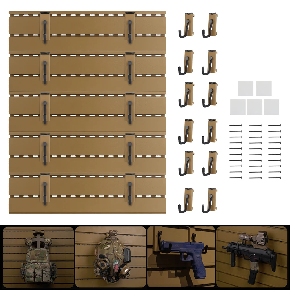 Expositor táctico de pared con ganchos para fusil y chaleco