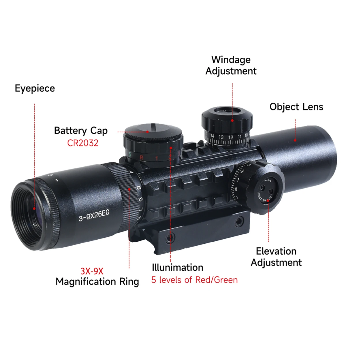 Combo táctico 3-9x26EG, mira óptica cruzada roja y verde y mira réflex láser para tiro de caza de largo alcance, montaje en riel de 11/20mm - imagen 4
