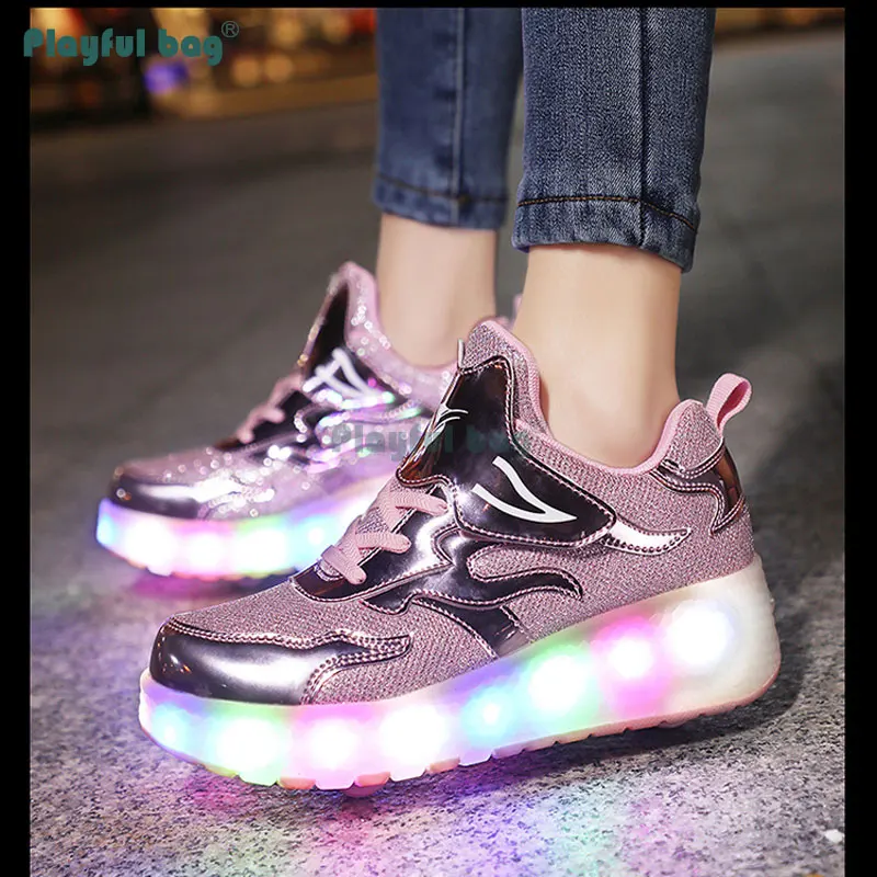 Zapatillas con ruedas LED para niños, zapatos deportivos de 2 ruedas con carga USB, patines para exteriores, AMB123 - imagen 5