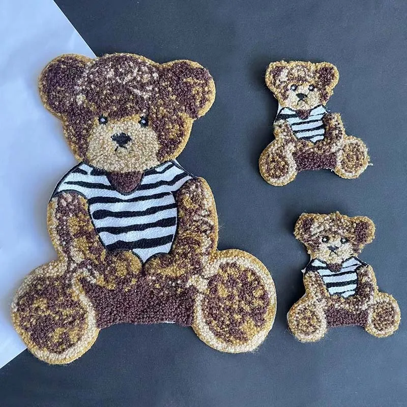 2 uds/insignias de oso de peluche, apliques de chenilla para ropa, parche para niños, bordado de oso marrón a rayas de dibujos animados, parches para coser para ropa - imagen 2