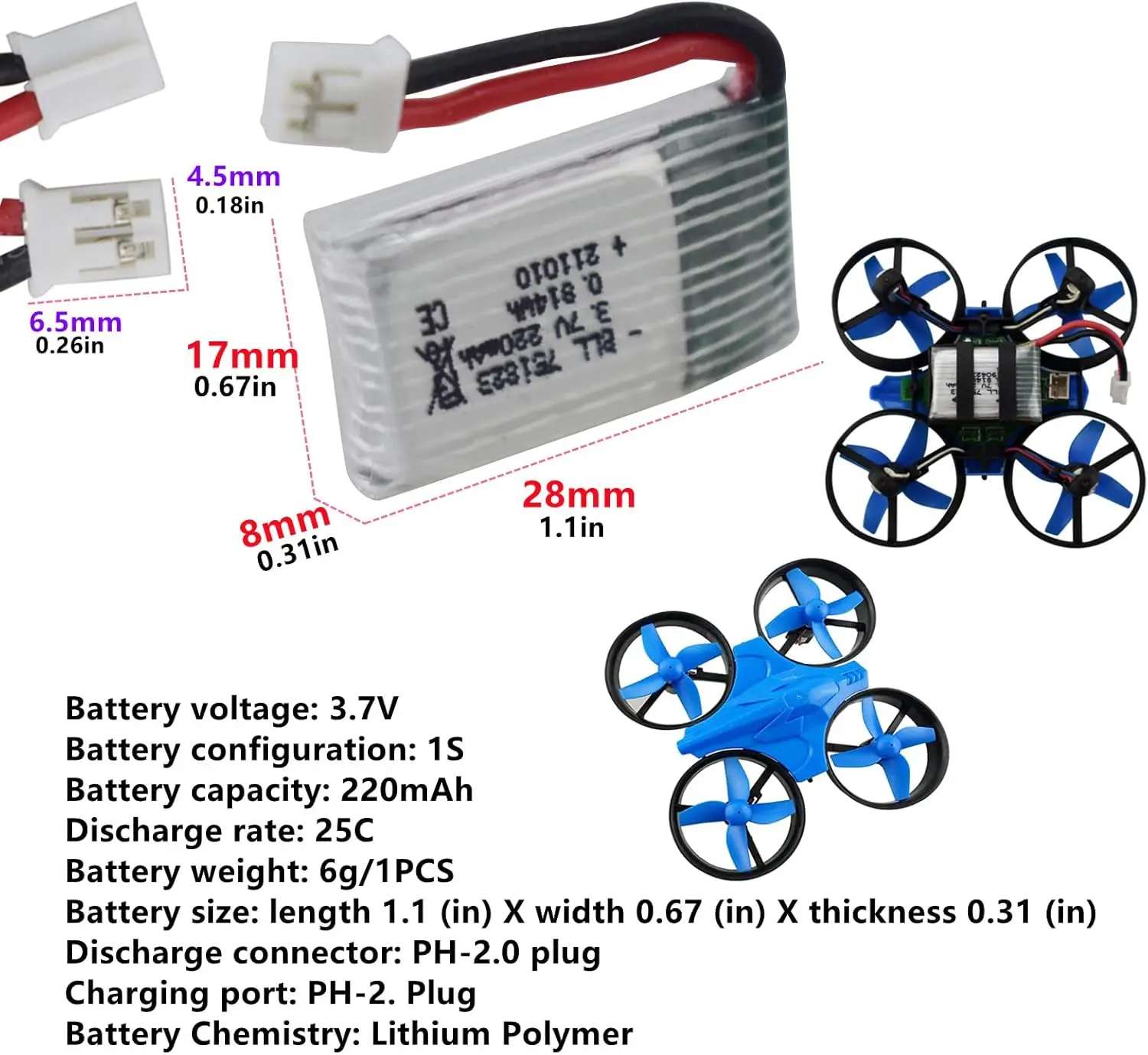 Batería Lipo de 3,7 V, 220mah, 25C, cargador para Hubsan X4, H107, F47, F180, E010, E010C, E011, E011C, E013, T36, NINHUI, NH010, F36, H36, RC Drone - imagen 3