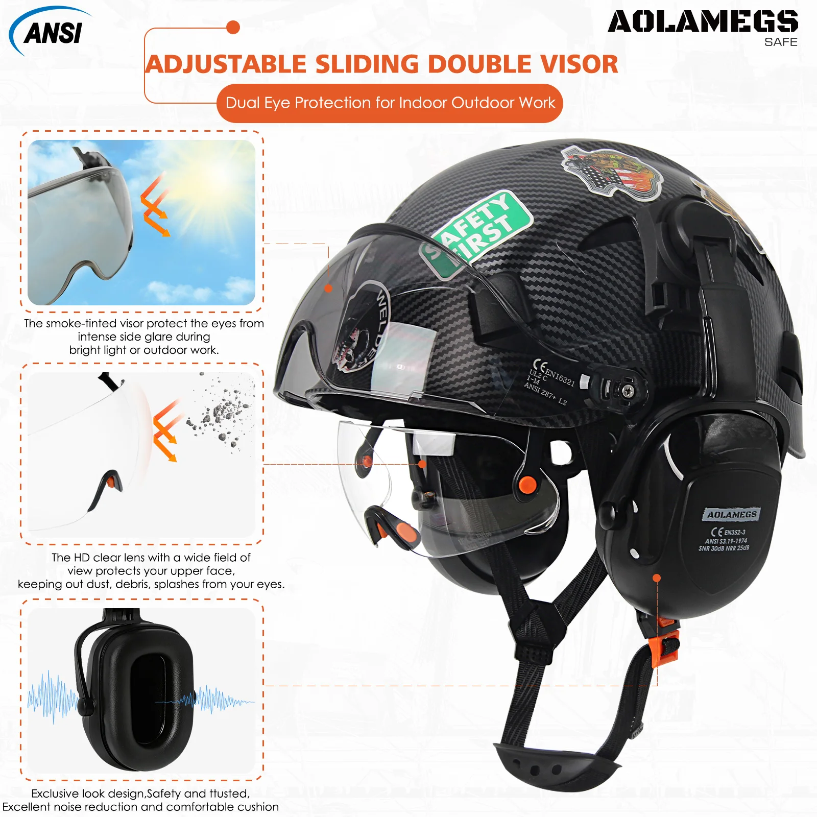 Casco de seguridad de fibra de carbono para construcción, casco con orejeras dobles, 50 piezas, pegatinas de bricolaje, ABS, casco duro, gorra protectora para montar en escalada - imagen 3