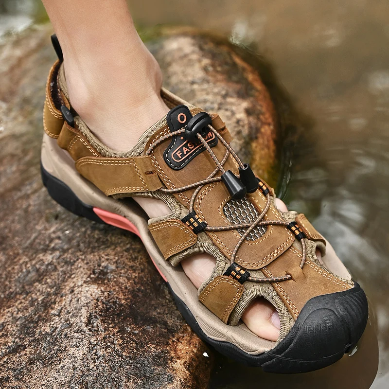 HIKEUP-zapatos de ocio al aire libre para hombre, sandalias de playa de piel de vaca de capa superior, zapatos de senderismo con suelas de goma, sandalias de verano absorbentes de sudor - imagen 2