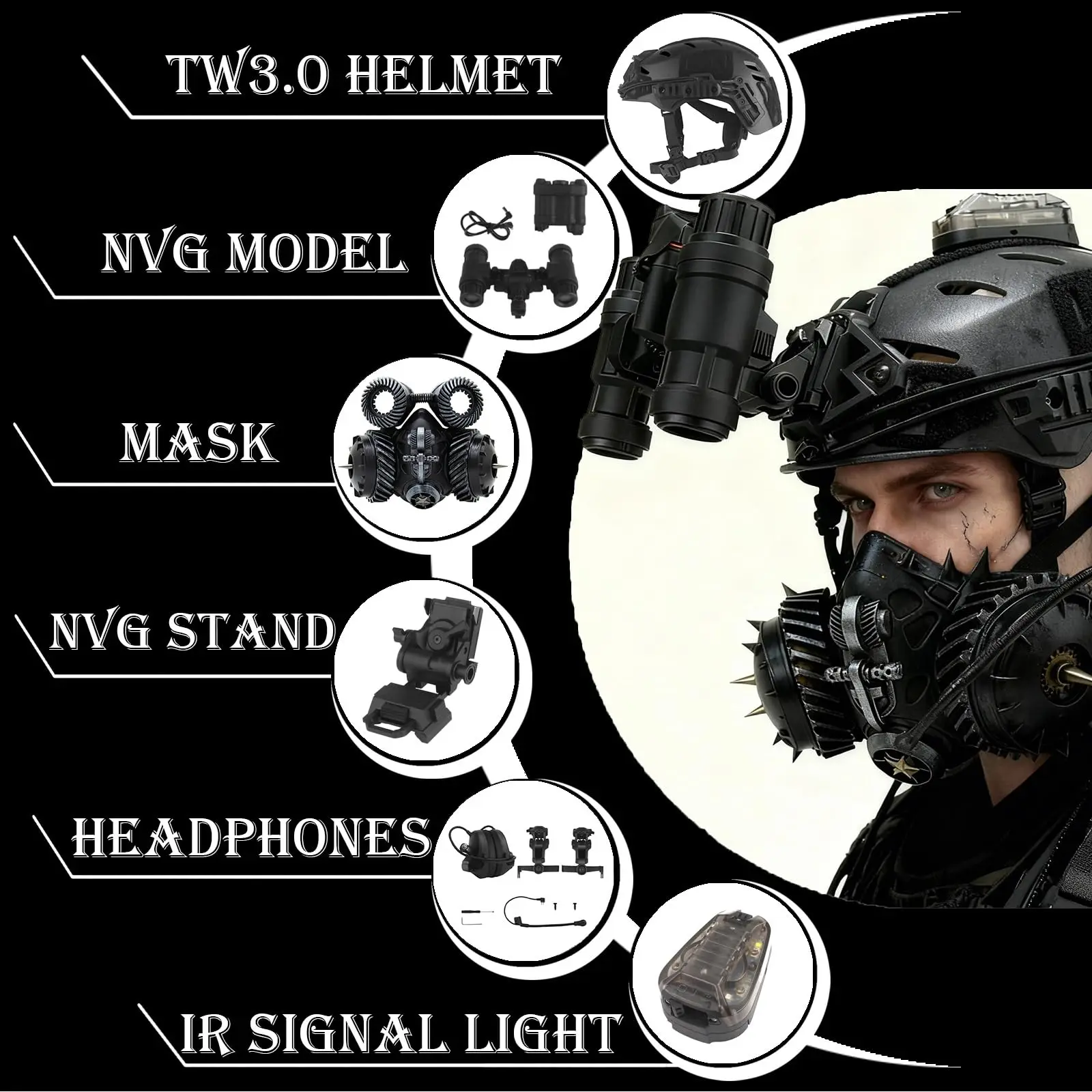 Conjunto de casco táctico Airsoft estilo militar gótico con sistema de comunicación, kit de casco Cyberpunk Airsoft para Paintball y Cosplay - imagen 3