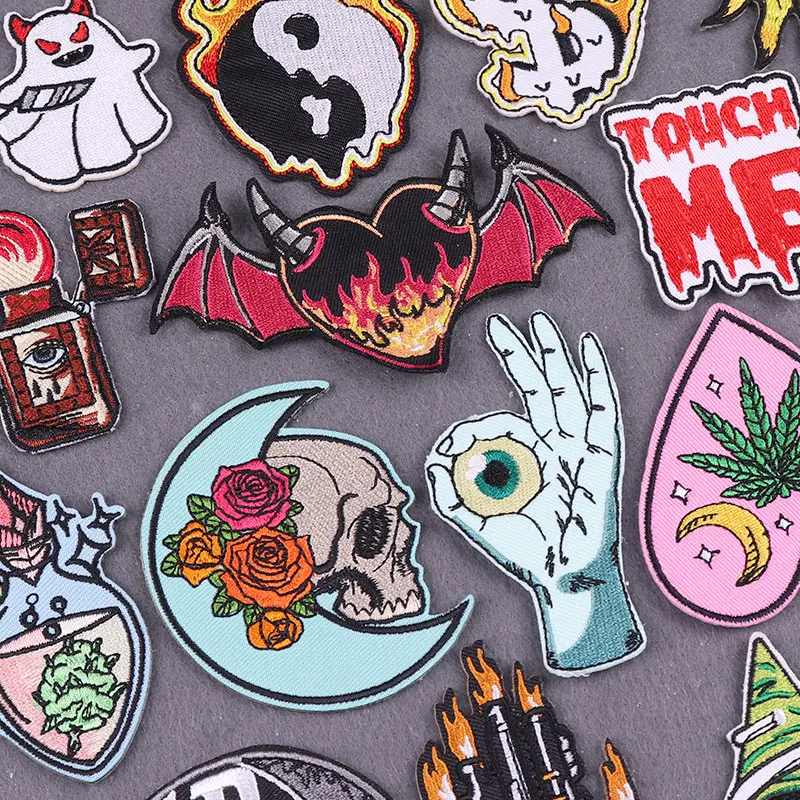 Parche bordado Hippie para ropa, parches termoadhesivos de llama para planchar en chaqueta, insignias de rayas de calavera DIY en mochila