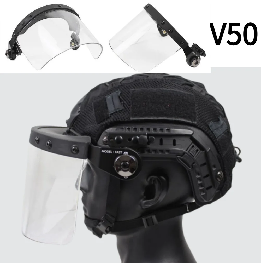 Máscara antidisturbios a prueba de balas de alta resistencia, máscara transparente V50, lente de PC, marco de acero inoxidable para casco FAST MICH
