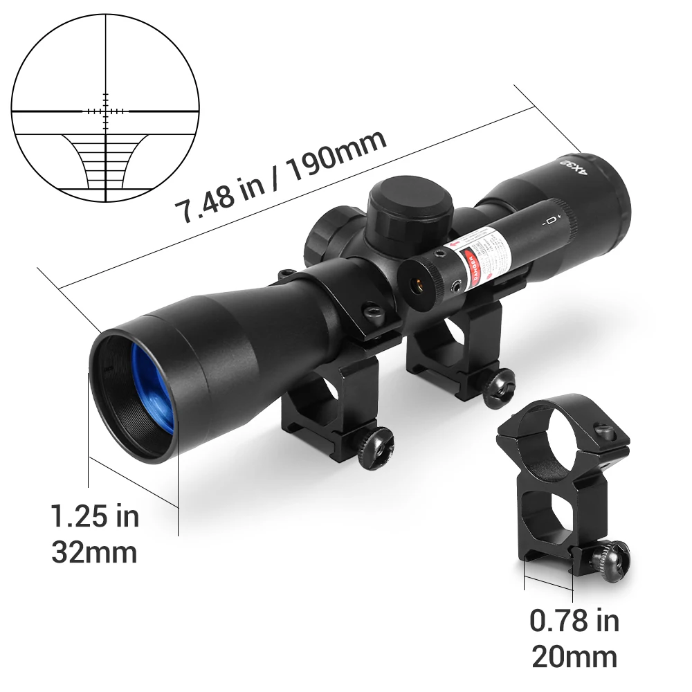 Mira táctica 4X32 con mira láser roja, mira telescópica compacta para Rifle, óptica de caza con soportes de anillo de riel de 11mm y 20mm - imagen 5